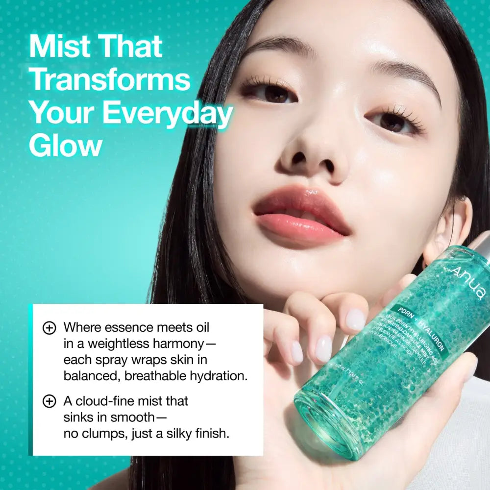 A translucent green serum spray bottle with silver cap and visible gel particles for pdrn collagen glow facial serum