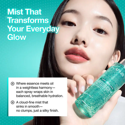 A translucent green serum spray bottle with silver cap and visible gel particles for pdrn collagen glow facial serum