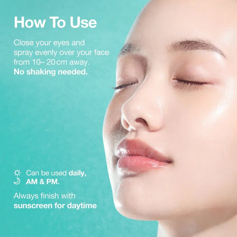 A woman with smooth glowing skin and closed eyes using pdrn collagen glow serum spray for facial hydration and radiance