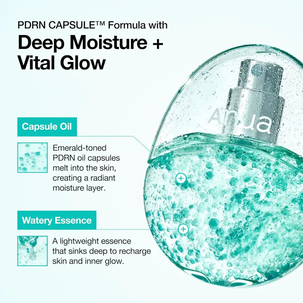 A clear egg-shaped bottle of pdrn collagen glow serum spray with silver nozzle containing emerald liquid and bubbles