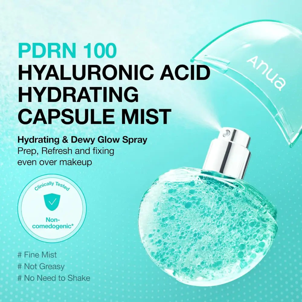 Clear glass bottle with silver spray nozzle and transparent cap containing light blue pdrn collagen glow serum spray
