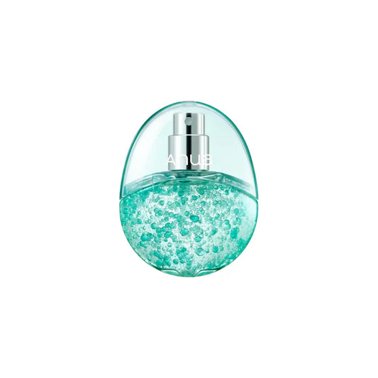 A translucent teal pdrn collagen glow serum spray bottle with egg-shaped glass and visible bubbles in the liquid
