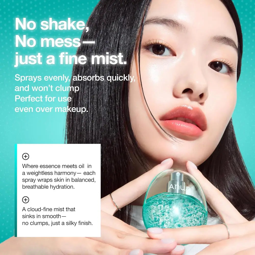 A translucent teal glass serum spray bottle with silver cap labeled anus for pdrn collagen glow facial serum spray 30ml