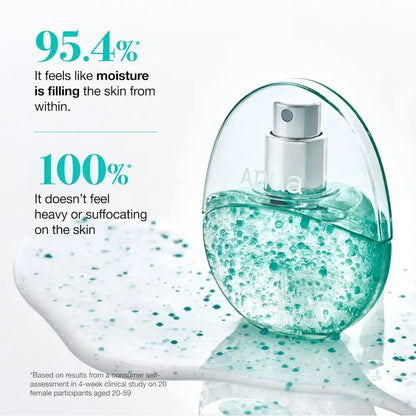 A translucent teal pdrn collagen glow serum spray bottle with a silver nozzle and anya etched on curved glass surface