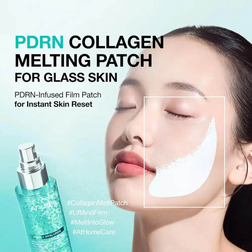 A translucent green spray bottle with silver pump labeled pdrn collagen melting patch for glass skin by the seoul palette