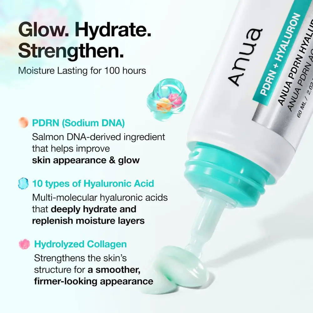 A sleek white and teal pdrn hyaluronic acid 100 moisturizing cream tube with silver accents for glowing hydrated skin