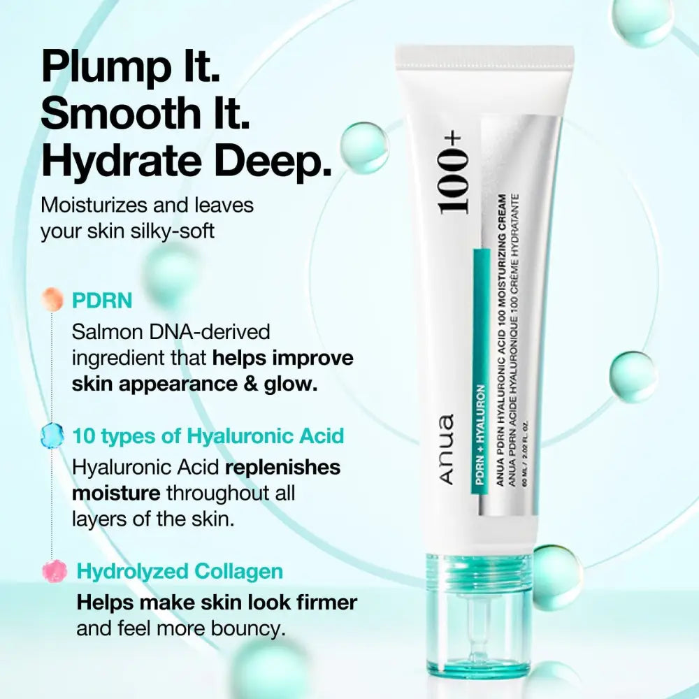 A sleek white and teal pdrn hyaluronic acid moisturizing cream tube with a clear turquoise cap for hydration care