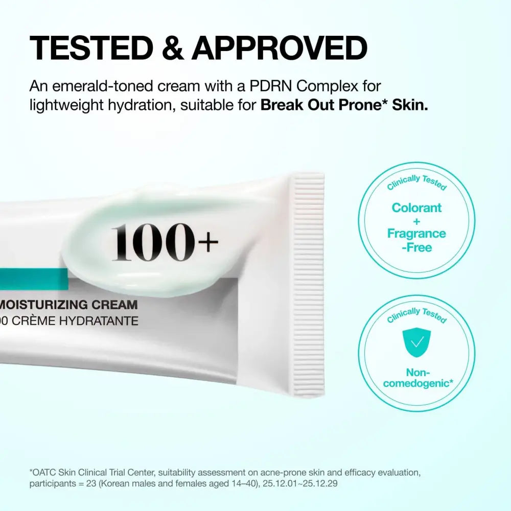 A sleek white tube of pdrn hyaluronic acid 100 moisturizing cream 60ml with teal accent and emerald product visible at opening