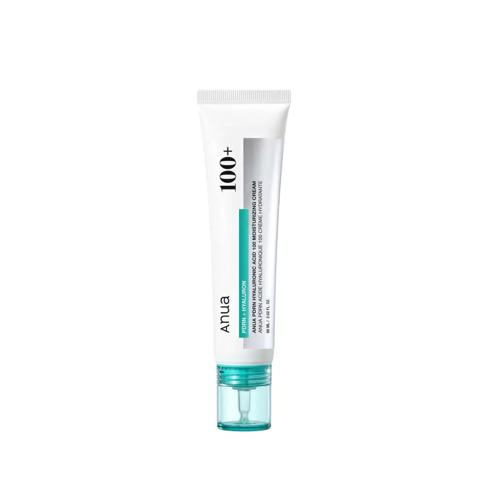 White tube of anua pdrn hyaluronic acid 100 moisturizing cream 60ml with translucent teal cap and label