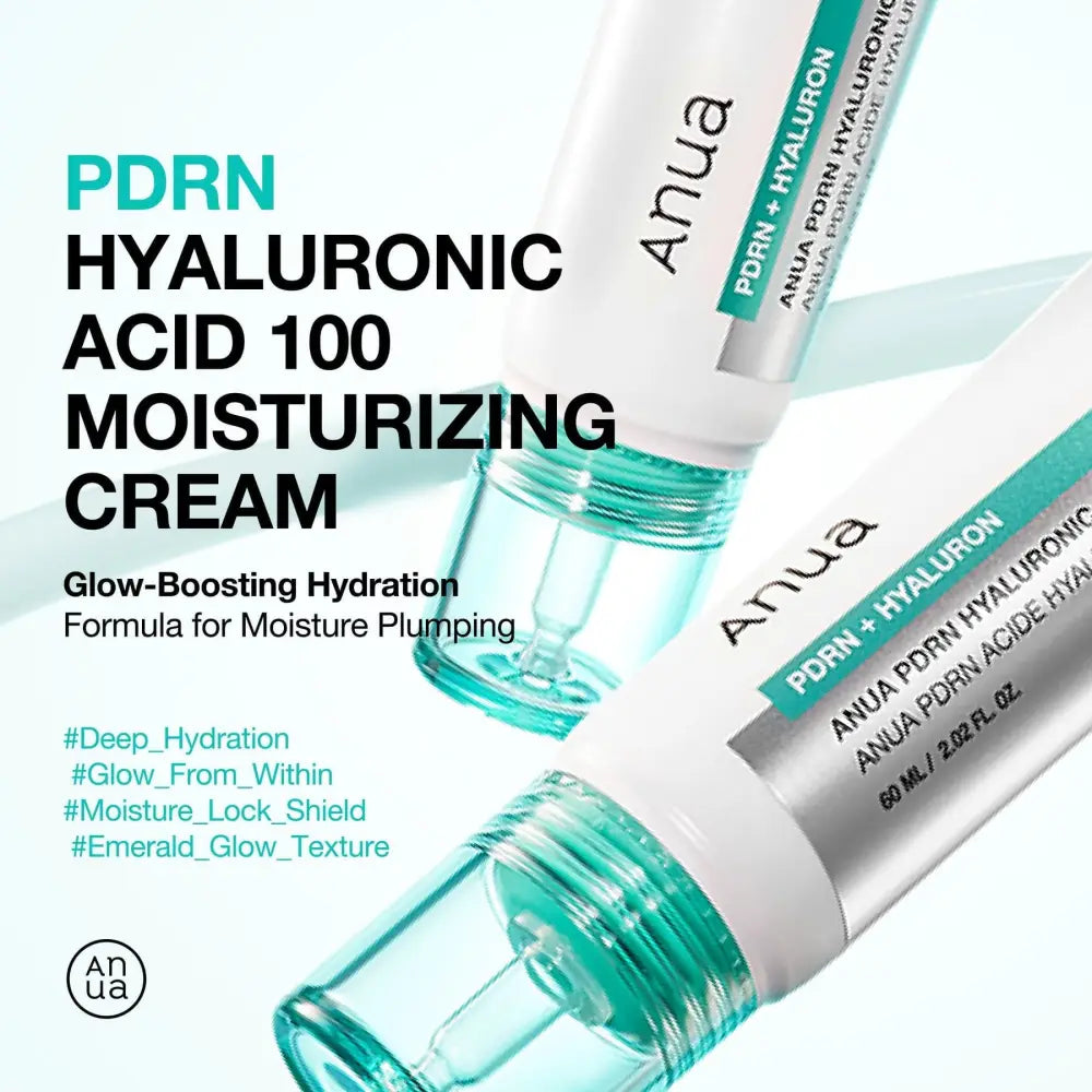 White and teal pdrn hyaluronic acid 100 moisturizing cream tubes with clear glass caps 60ml for hydration