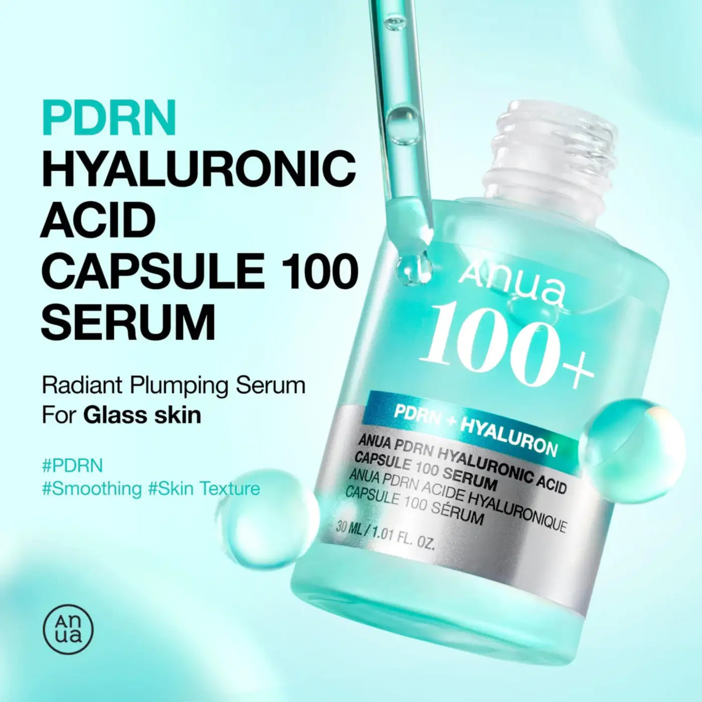 Clear glass bottle of anua pdrn hyaluronic acid capsule serum with blue liquid and silver dropper label 30ml