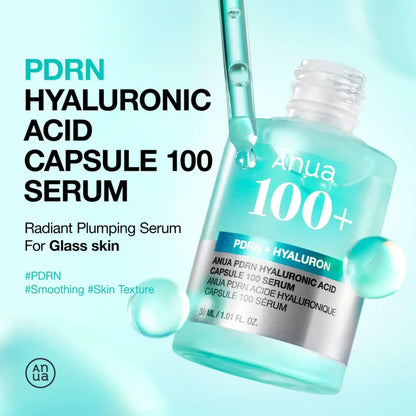 Clear glass bottle of anua pdrn hyaluronic acid capsule serum with blue liquid and silver dropper label 30ml