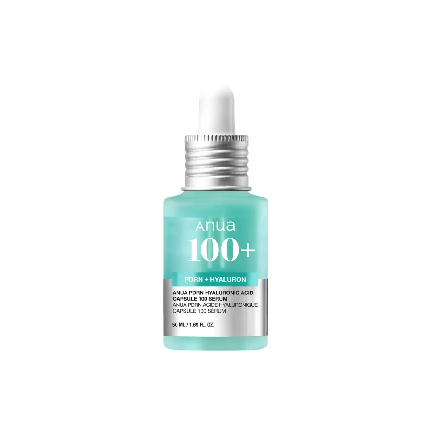 A sleek teal glass bottle with a silver dropper cap containing anua pdrn hyaluronic acid capsule serum 30ml
