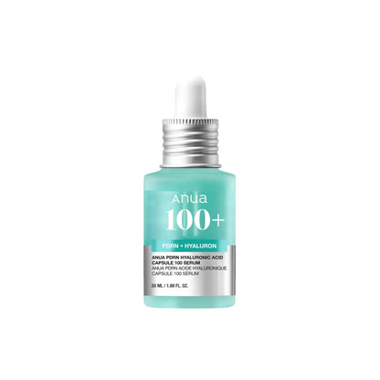 A sleek teal glass bottle with a silver dropper cap containing anua pdrn hyaluronic acid capsule serum 30ml
