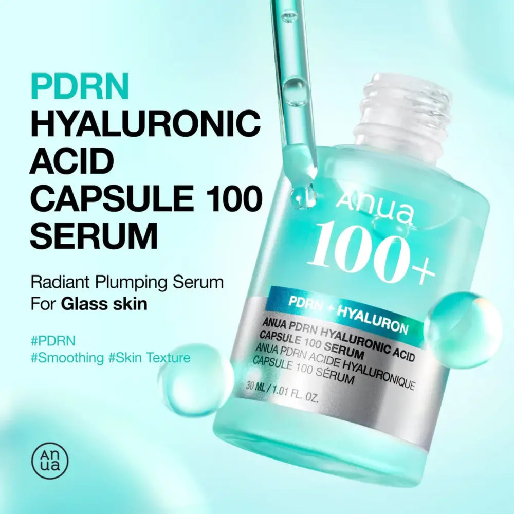 Clear glass bottle of anua pdrn hyaluronic acid capsule serum with translucent blue liquid and silver label dropper