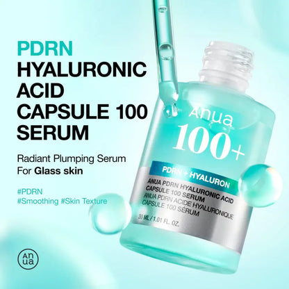 Clear glass bottle of anua pdrn hyaluronic acid capsule serum with translucent blue liquid and silver label dropper