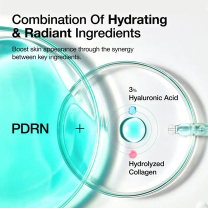 A clear glass petri dish with light blue liquid showing labeled ingredients including 3 percent hyaluronic acid and hydrolyzed collagen for pdrn hyaluronic acid capsule serum 30ml