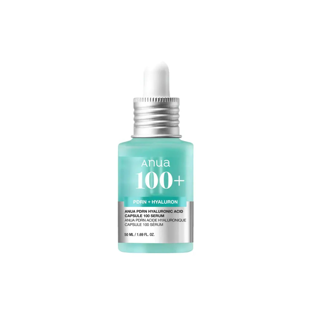 A sleek translucent teal glass bottle with silver dropper cap of anua pdrn hyaluronic acid capsule serum 30ml