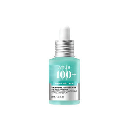 A sleek translucent teal glass bottle with silver dropper cap of anua pdrn hyaluronic acid capsule serum 30ml