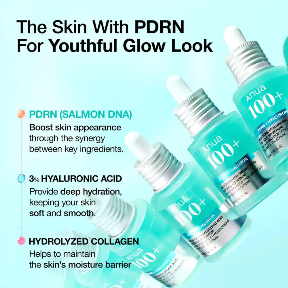 Teal glass dropper bottles with silver caps labeled anua pdrn hyaluronic acid capsule 100 serum for youthful glow