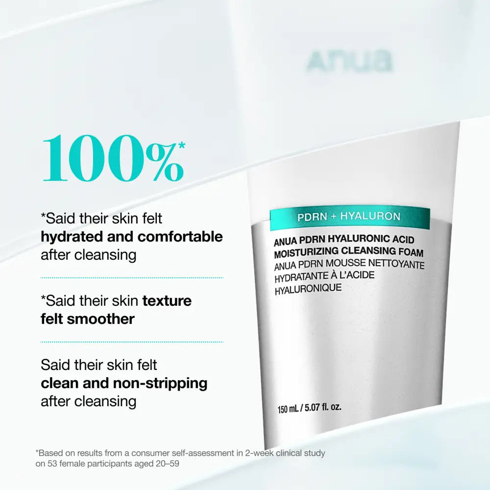 White tube of anua pdrn hyaluronic acid moisturizing cleansing foam with teal label and black text 150ml