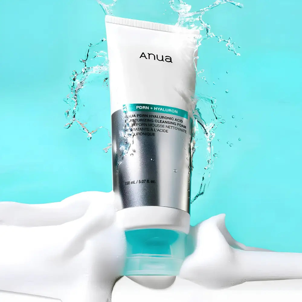 Anua pdrn hyaluronic acid moisturizing cleansing foam 150ml in a white silver tube with teal accents for hydration