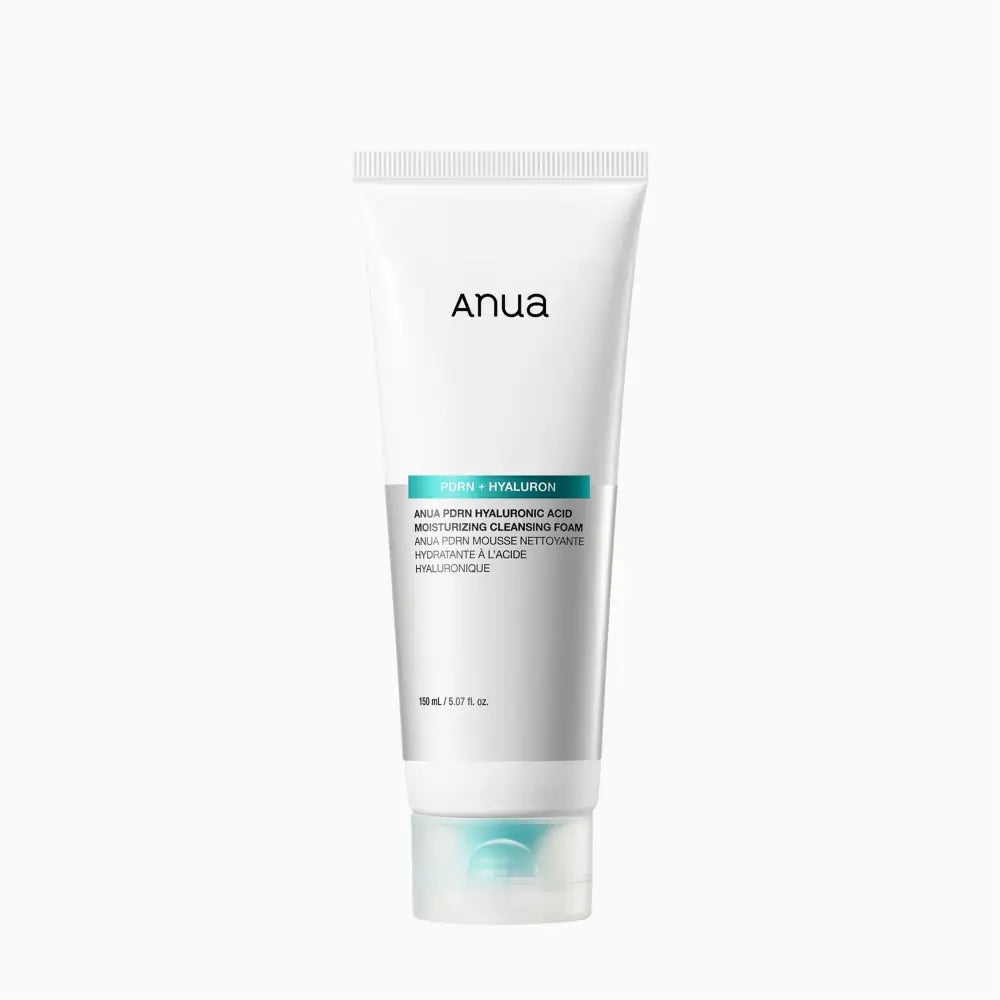 White tube of anua pdrn hyaluronic acid moisturizing cleansing foam 150ml with silver label and teal accent