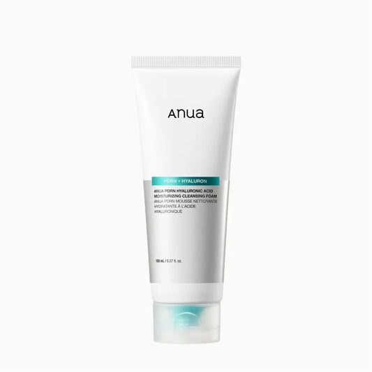 White tube of anua pdrn hyaluronic acid moisturizing cleansing foam 150ml with silver label and teal accent