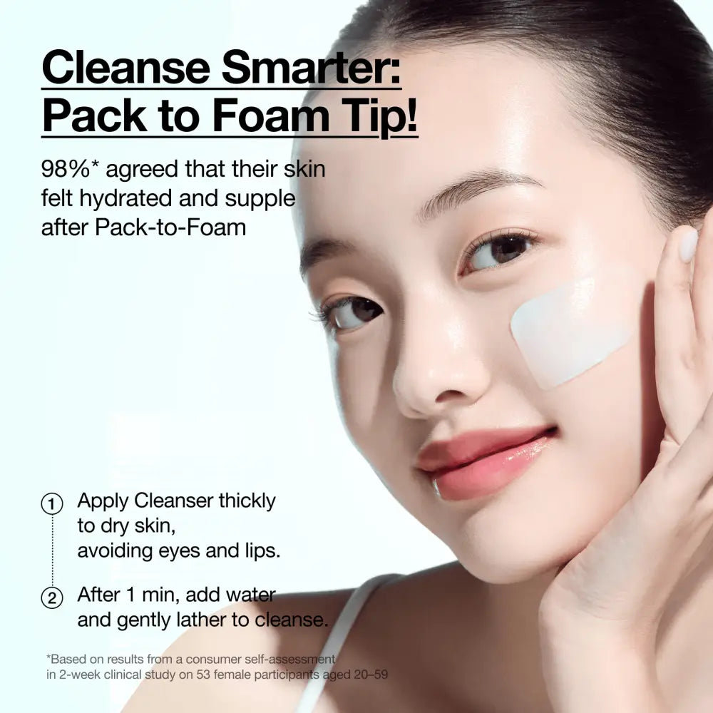 A translucent gel-like facial mask pad with a smooth glossy finish applied to the cheek for pdrn hyaluronic acid foam care