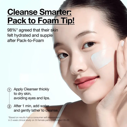 A translucent gel-like facial mask pad with a smooth glossy finish applied to the cheek for pdrn hyaluronic acid foam care