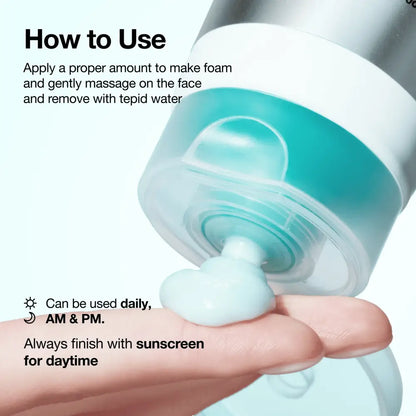 A sleek teal pump bottle of pdrn hyaluronic acid moisturizing cleansing foam dispenses light blue foaming cleanser