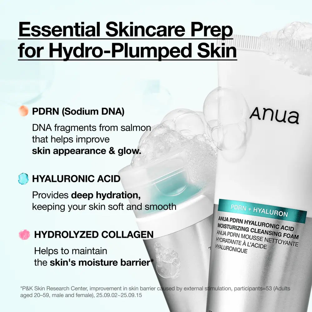 Silver-tinted anua pdrn hyaluronic acid moisturizing cleansing foam in frosted glass bottle with white cap and teal label