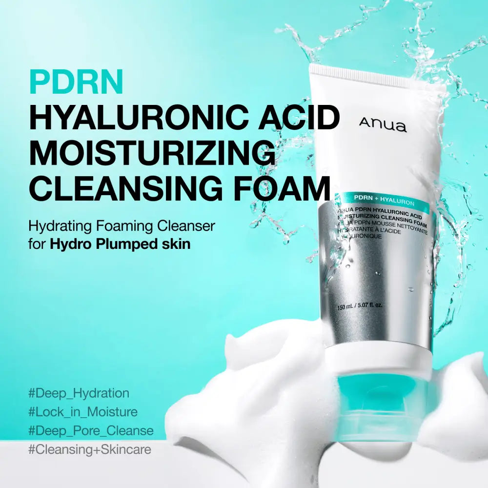 Anua pdrn hyaluronic acid moisturizing cleansing foam 150ml in a sleek silver white tube with turquoise accents