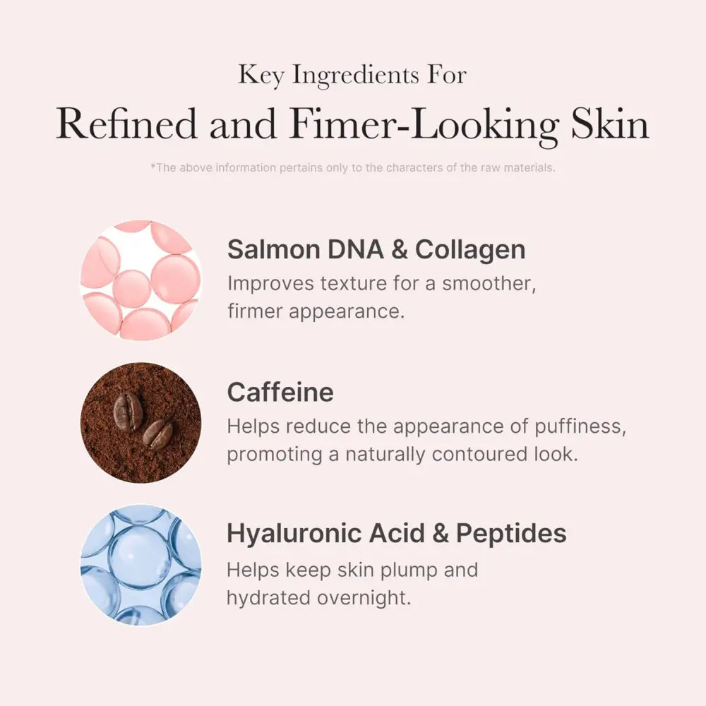 The image shows pdrn pink caffeine ingredients salmon dna collagen coffee beans and hyaluronic acid in a pink mask product