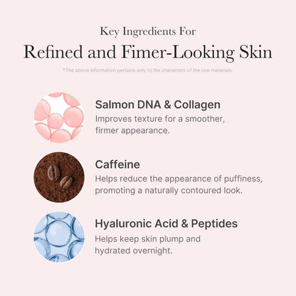 The image shows pdrn pink caffeine ingredients salmon dna collagen coffee beans and hyaluronic acid in a pink mask product