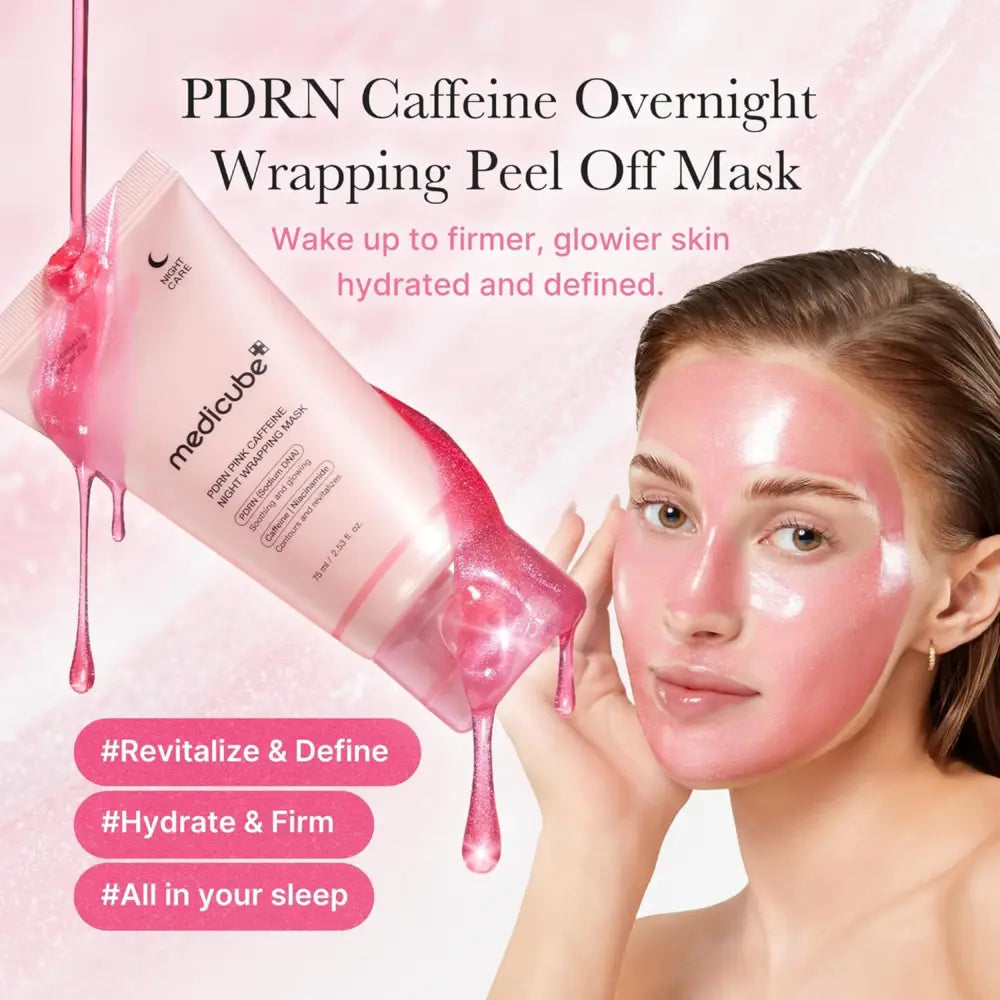Pink medicube pdrn pink caffeine overnight wrapping peel off mask tube with glossy pink liquid dripping from its opening