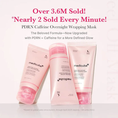 Three pink squeeze tubes of medicube pdrn pink caffeine overnight wrapping mask with translucent caps and white labels