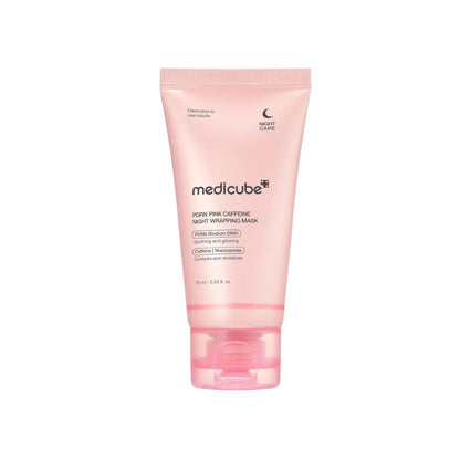 Pink translucent tube of medicube pdrn pink caffeine night wrapping mask for overnight skin care 75ml