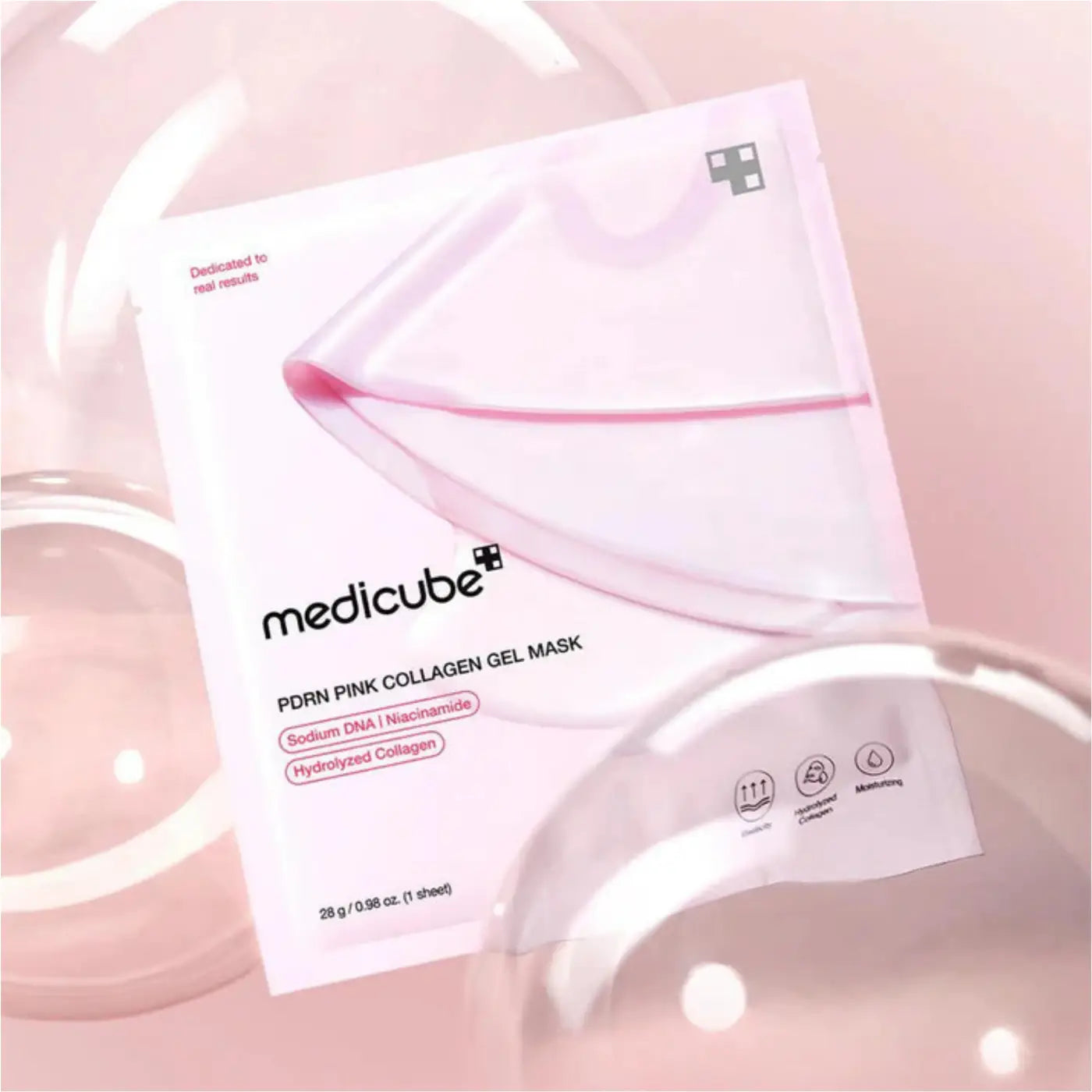 Pdrn pink collagen gel mask in white translucent medicube package containing four pink collagen gel sheets