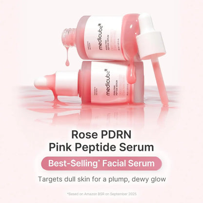 Pink rose-colored pdrn pink peptide serum bottles with white dropper caps by medicube 30ml packaging