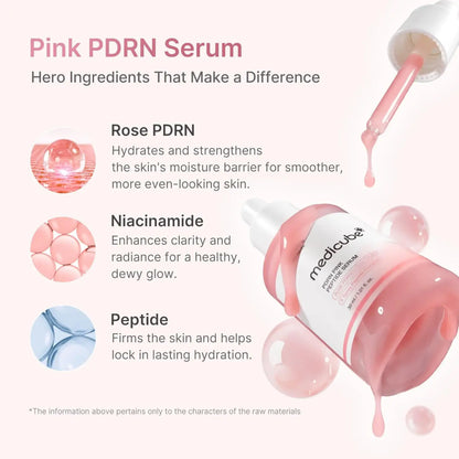 Pink medicube pdrn pink peptide serum 30ml in clear glass bottle with white cap and dropper applicator