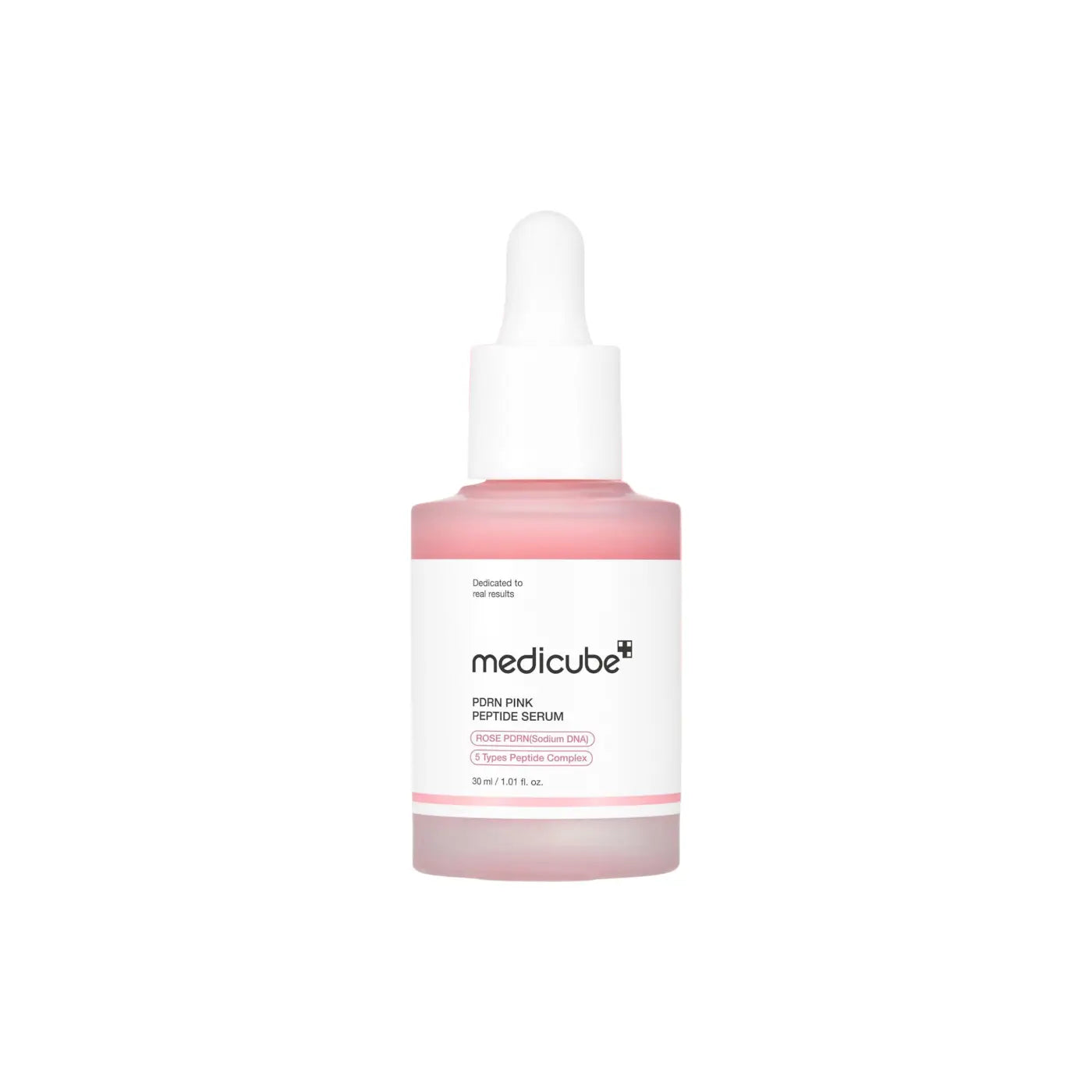A translucent pink glass bottle with a white dropper cap labeled medicube pdrn pink peptide serum 30ml