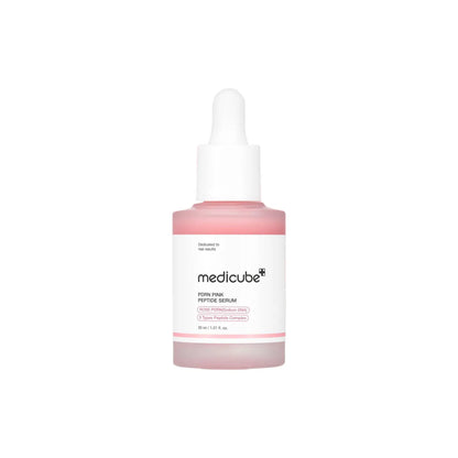 A translucent pink glass bottle with a white dropper cap labeled medicube pdrn pink peptide serum 30ml