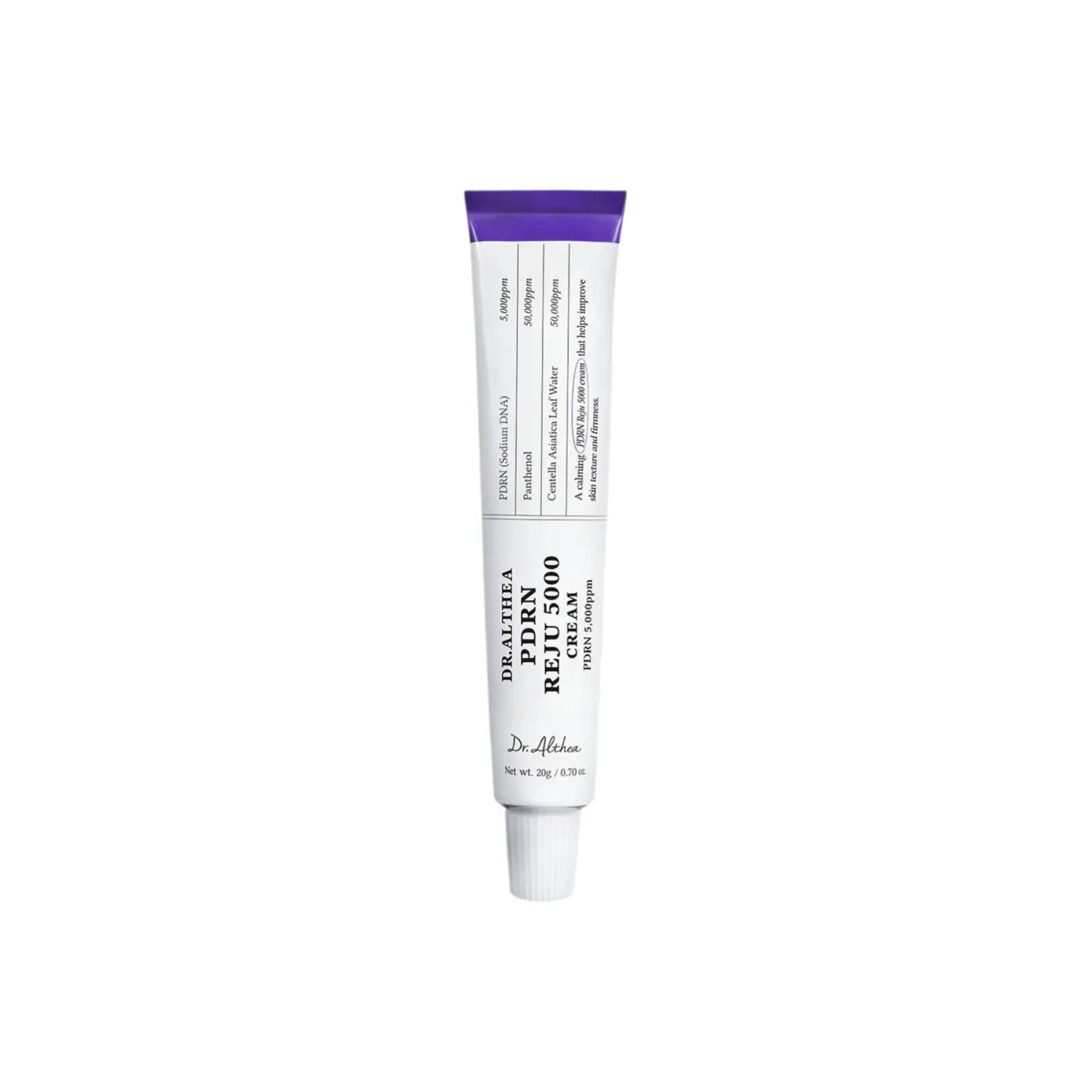 A sleek white tube with a vibrant purple cap featuring dr pdrn reju 5000 cream from the best korean skincare brands sa