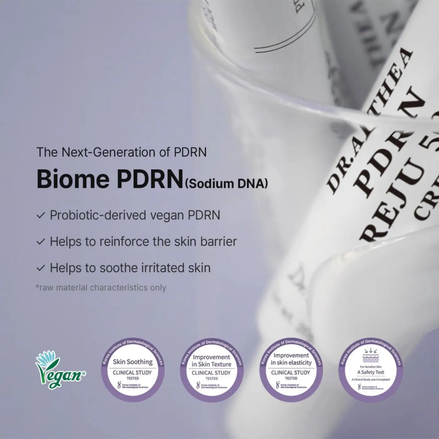 Biome pdrn serum in clear glass bottle with probiotic vegan ingredients from pdrn reju by best korean skincare brands sa