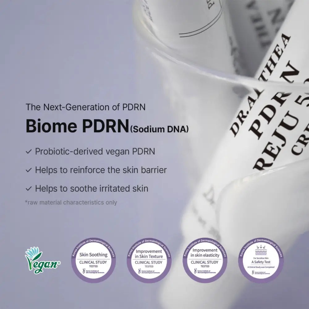 Biome pdrn skincare serum in clear glass bottle with probiotic vegan ingredients for authentic k-beauty pdrn reju cream