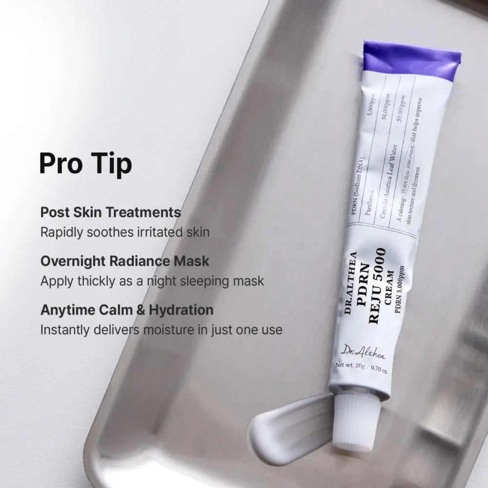 A sleek white tube with a purple cap labeled dr pdrn reju 5000 cream for authentic k-beauty korean skincare south africa