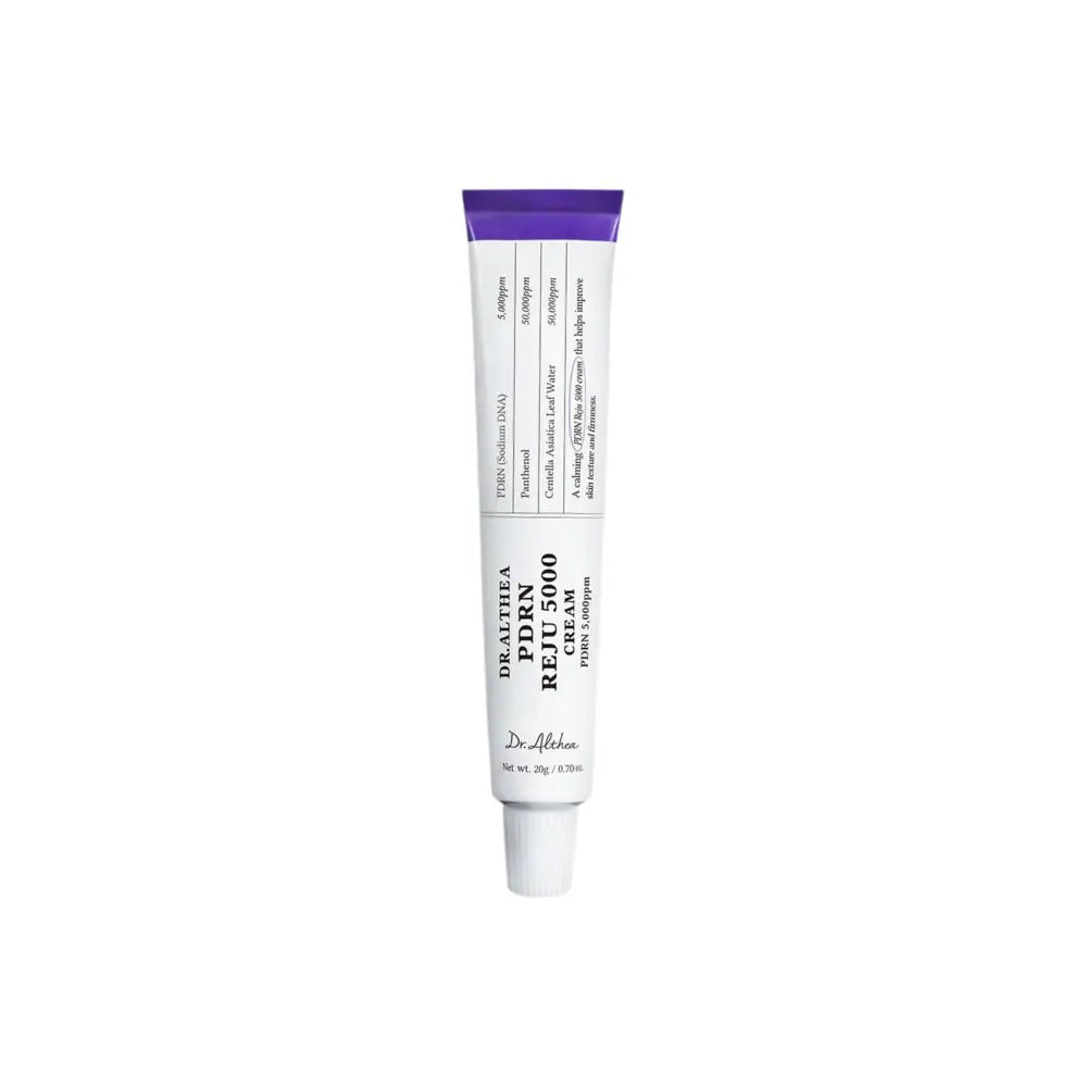 A sleek white tube with a vibrant purple cap of dr pdrn reju 5000 cream for authentic k-beauty korean skincare south africa