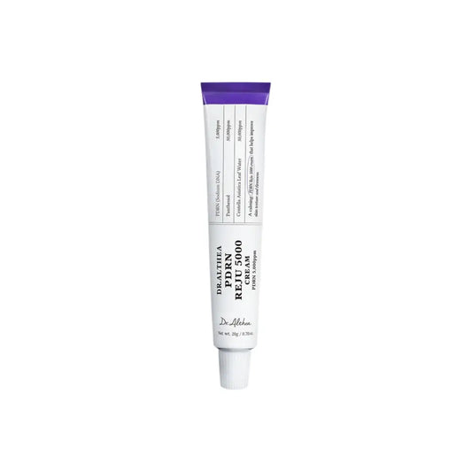 A sleek white tube with a vibrant purple cap of dr pdrn reju 5000 cream for authentic k-beauty korean skincare south africa