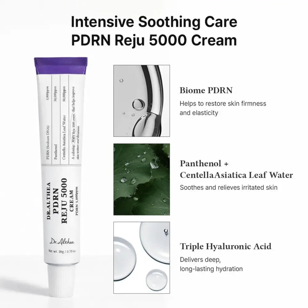 White tube with purple cap containing dr in pdrn reju 5000 cream for authentic k-beauty korean skincare south africa